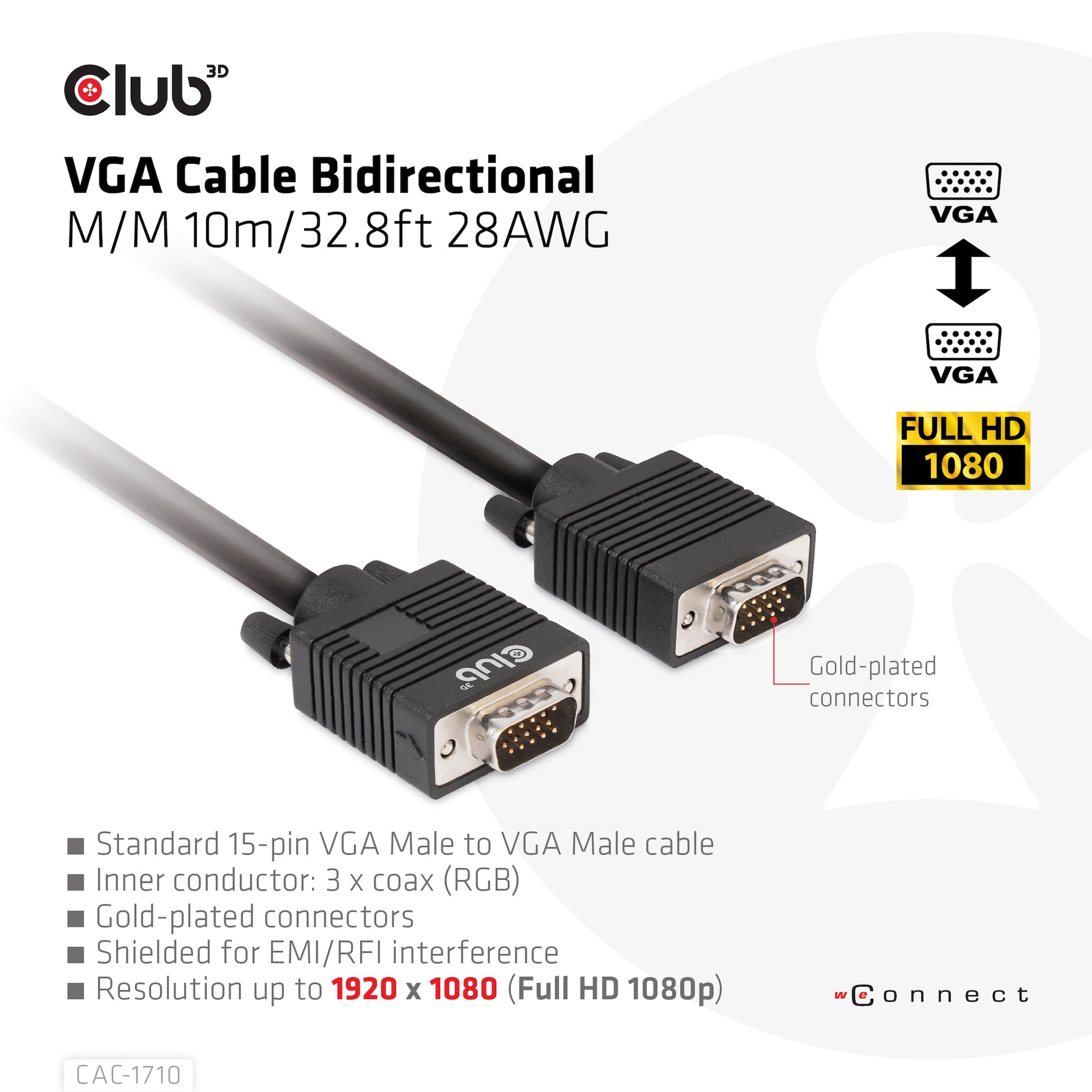 CLUB3D Club 3D VGA–VGA Kabel – 10 m, rund, geschirmt, AWG 28, schwarz