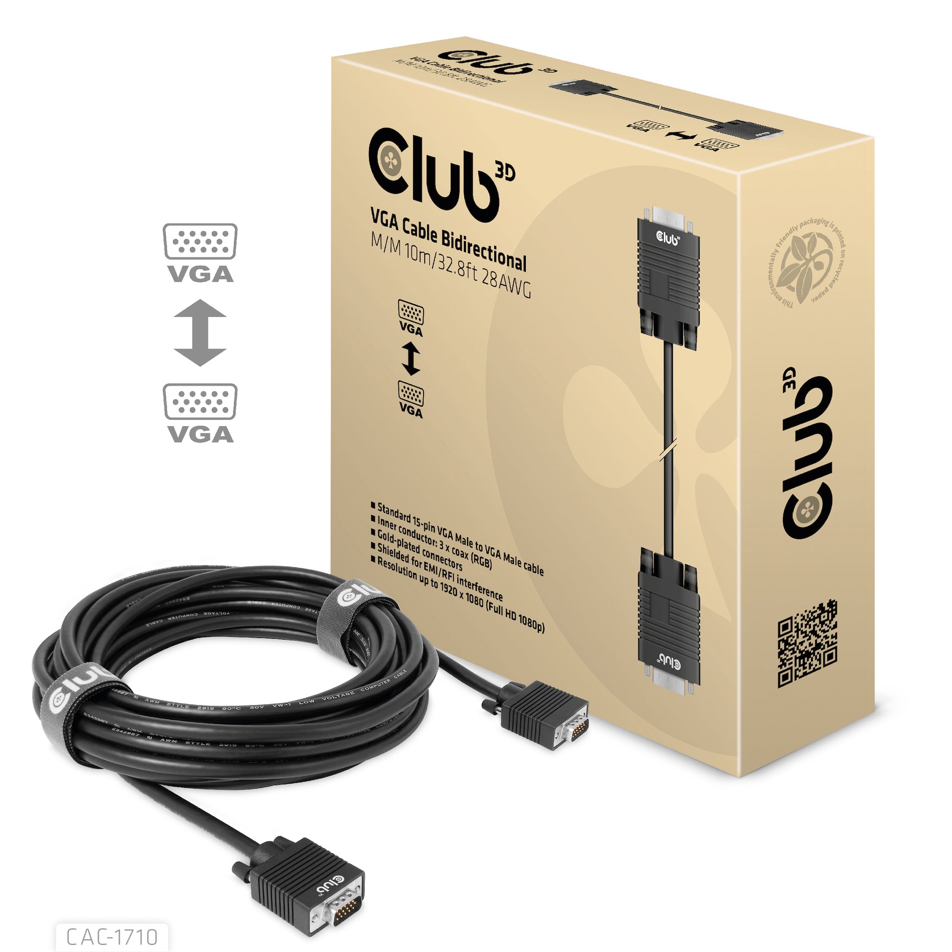 CLUB3D Club 3D VGA–VGA Kabel – 10 m, rund, geschirmt, AWG 28, schwarz
