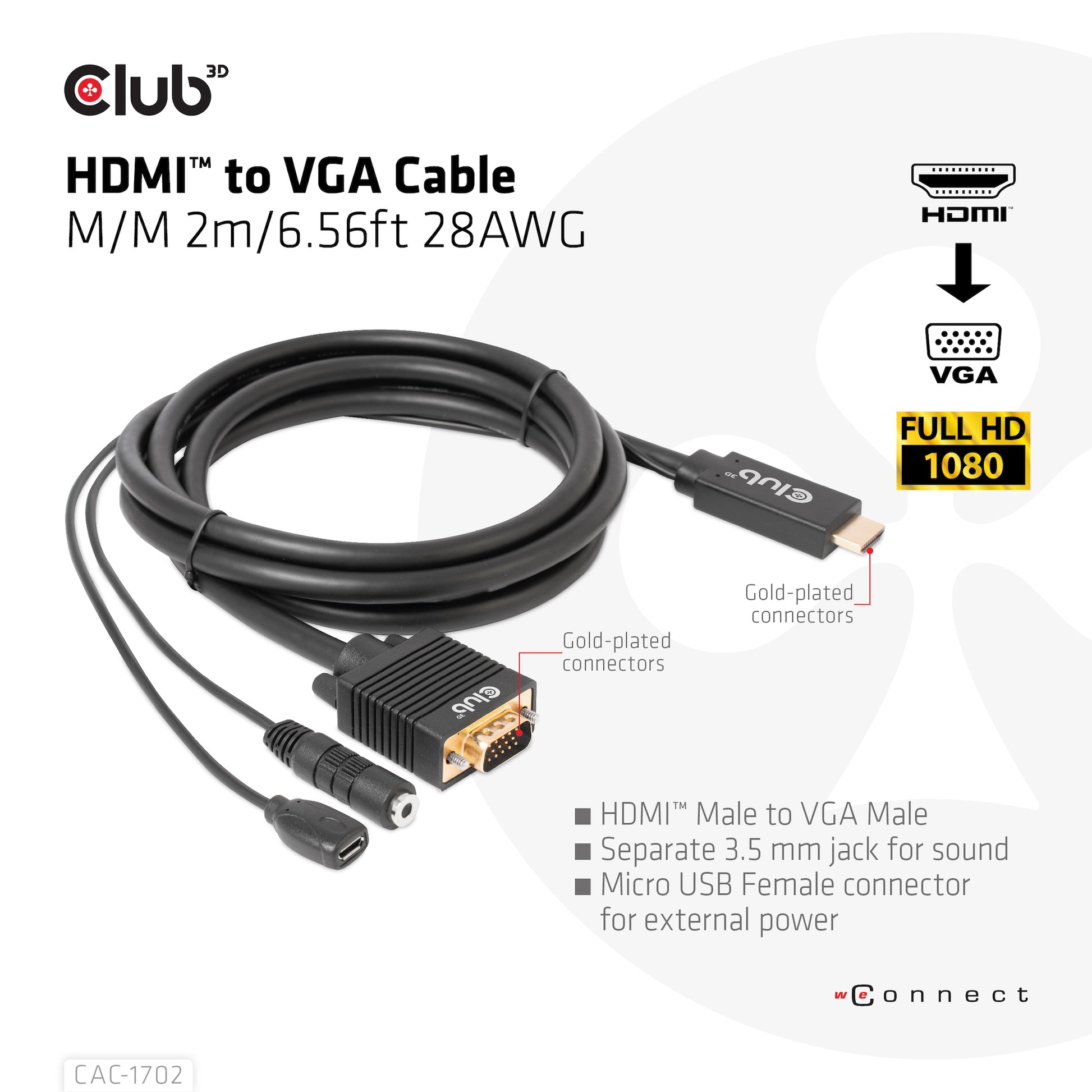 CLUB3D Club 3D – HDMI auf VGA Adapter, 1920 × 1080, 2 m, für Windows/Mac