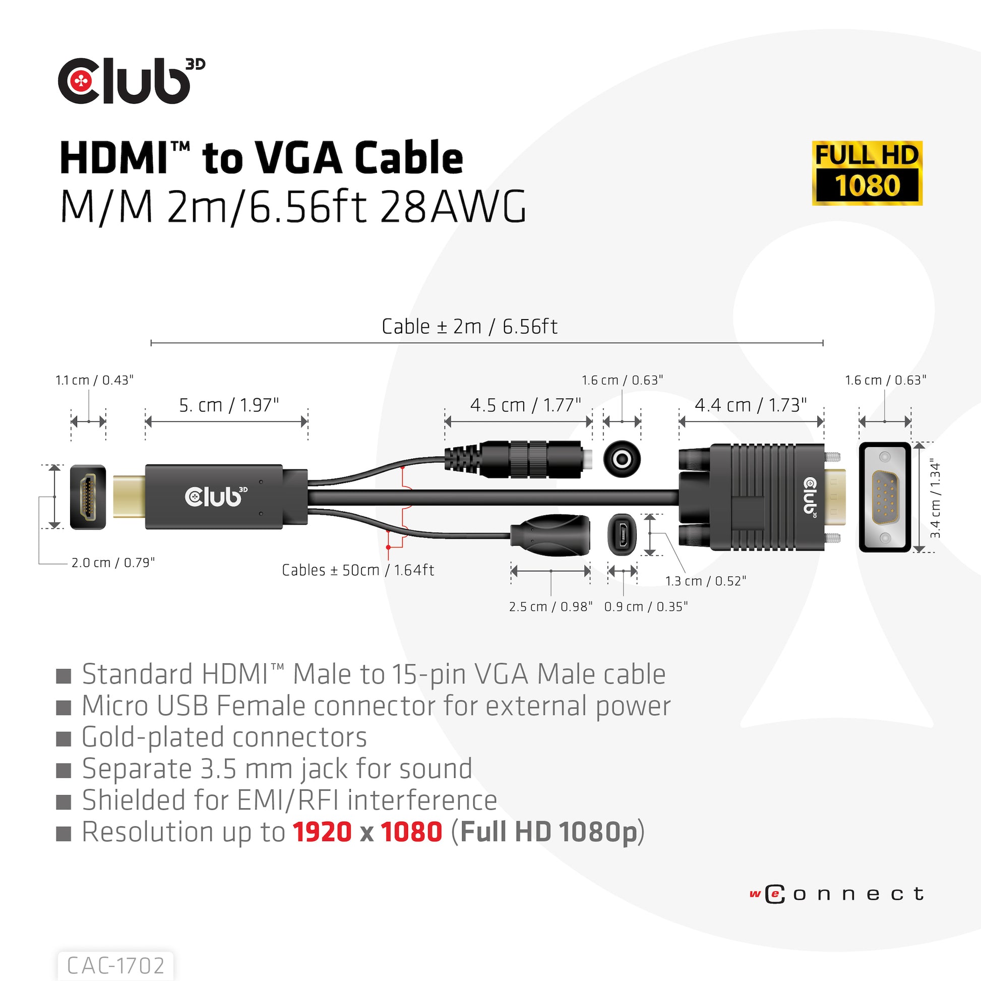 CLUB3D Club 3D – HDMI auf VGA Adapter, 1920 × 1080, 2 m, für Windows/Mac