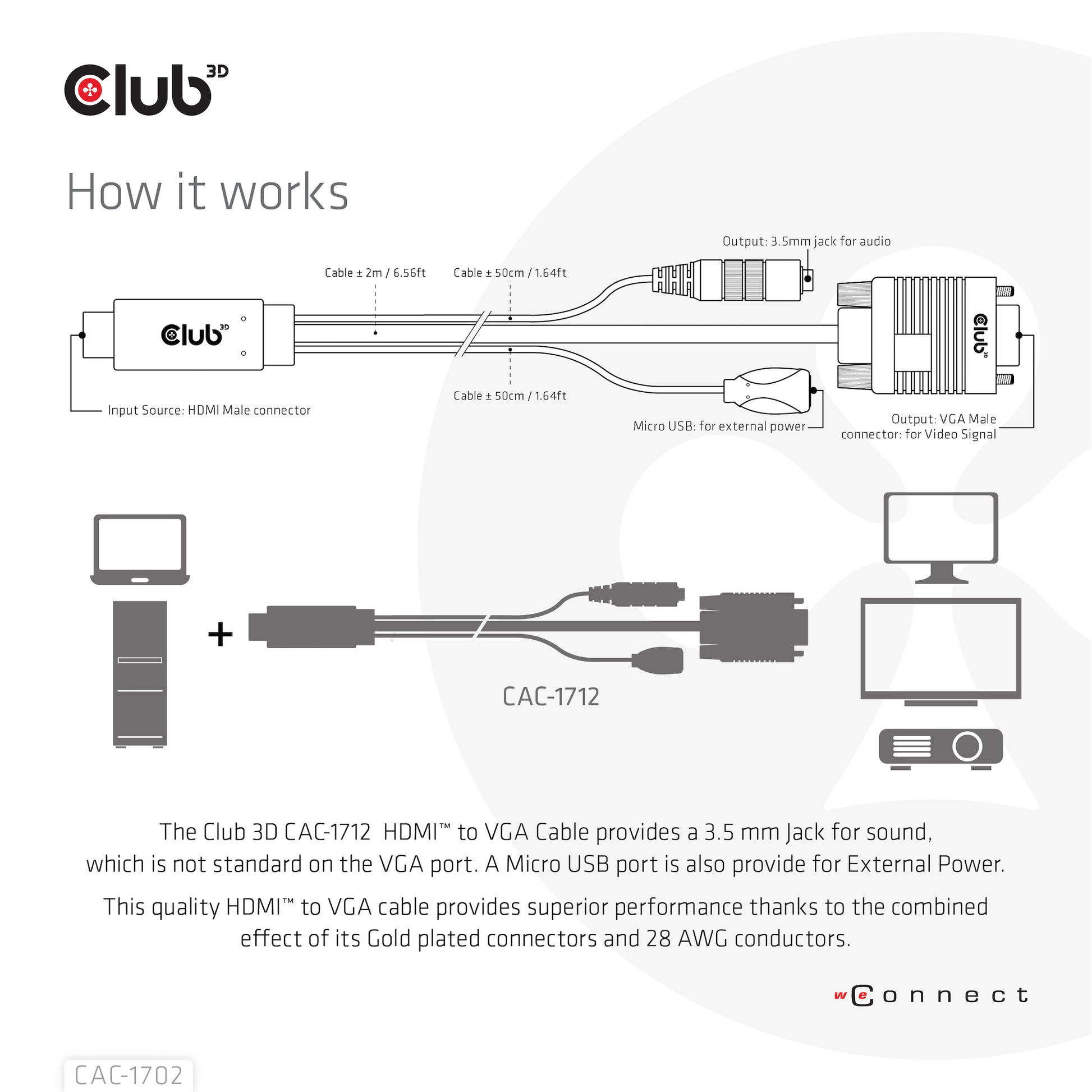 CLUB3D Club 3D – HDMI auf VGA Adapter, 1920 × 1080, 2 m, für Windows/Mac