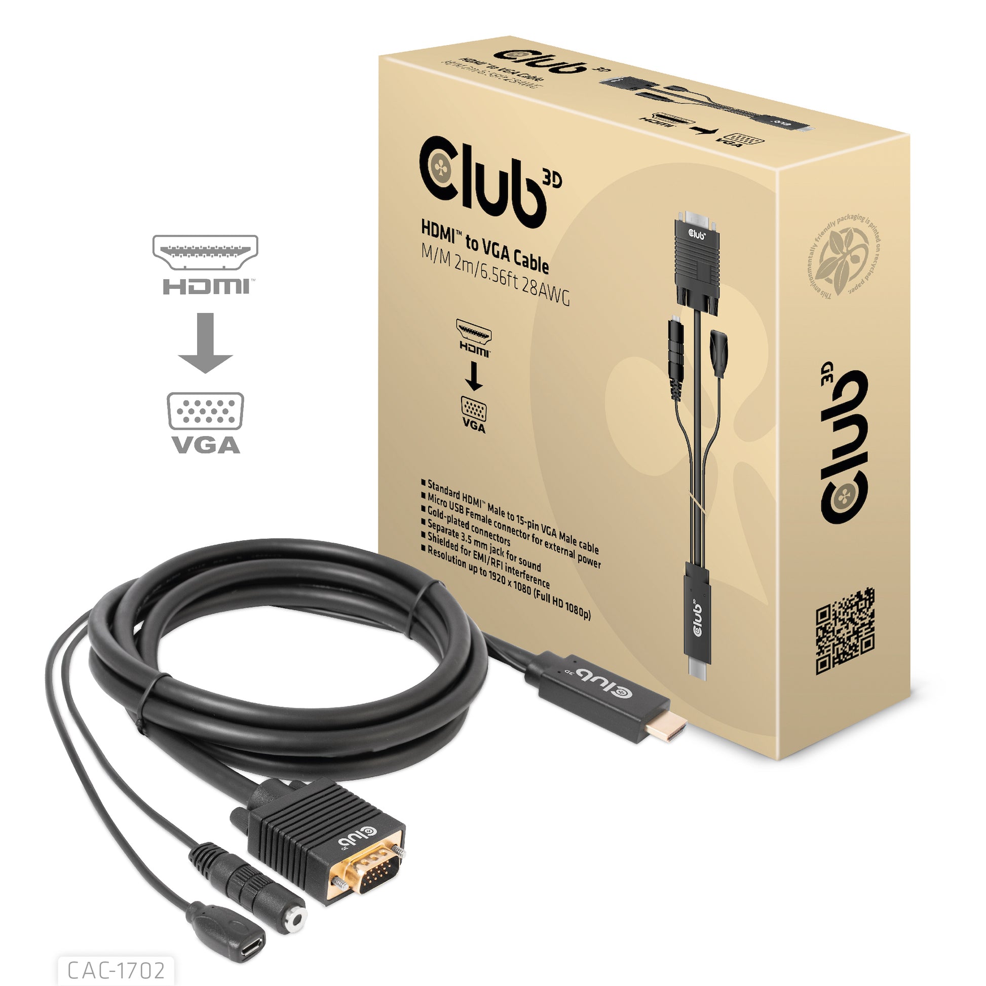 CLUB3D Club 3D – HDMI auf VGA Adapter, 1920 × 1080, 2 m, für Windows/Mac