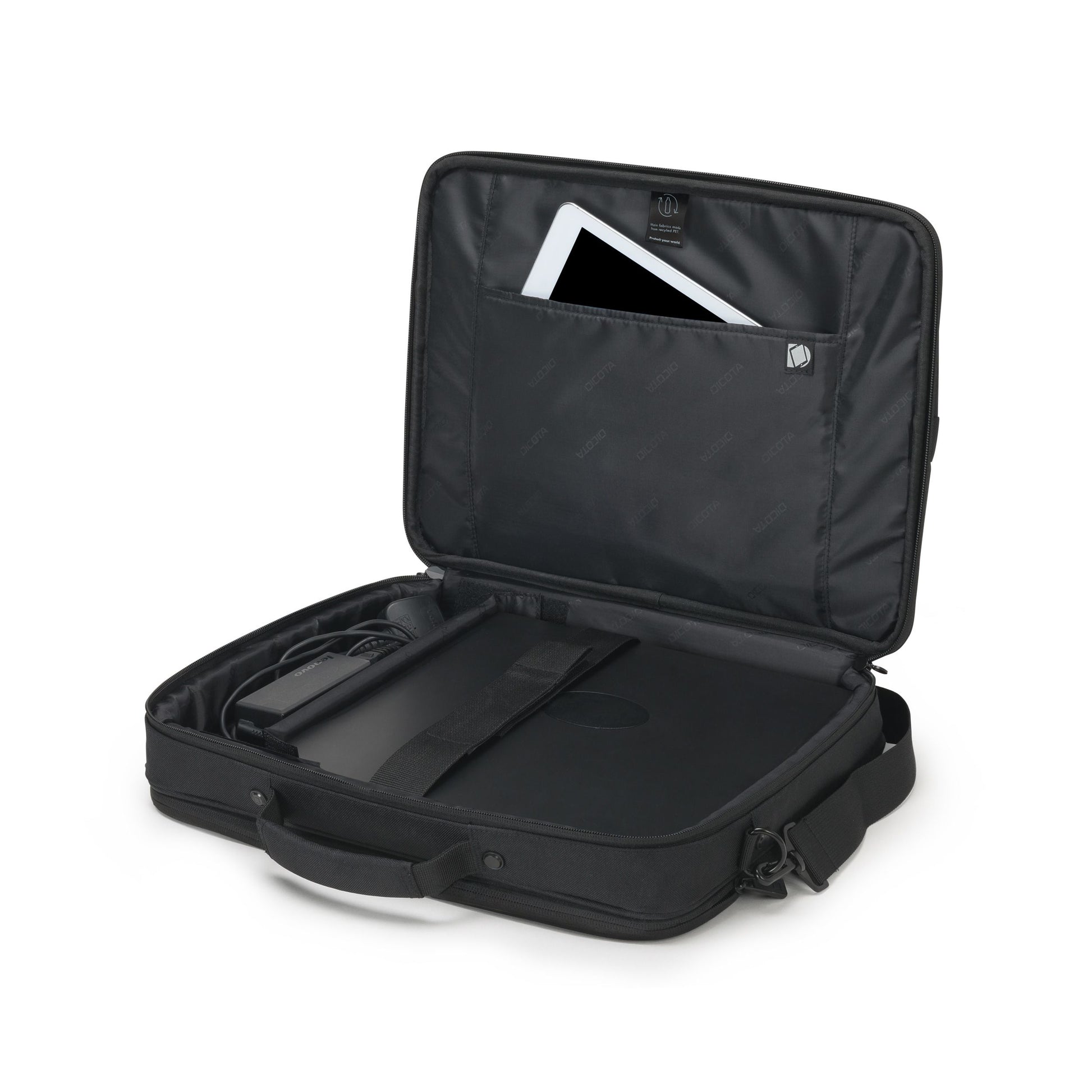 DICOTA Notebook-Tasche bis 15,6" – Recyceltes PET, Trolley-Band – Schwarz