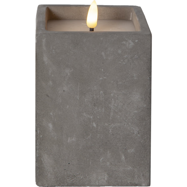Star Trading LED-Säulenkerze – Ø 9,0 × 14,5 cm, 0,03 W, warmweiss, grau, flackernd, Timer 6/18 h, Batterie 2×A