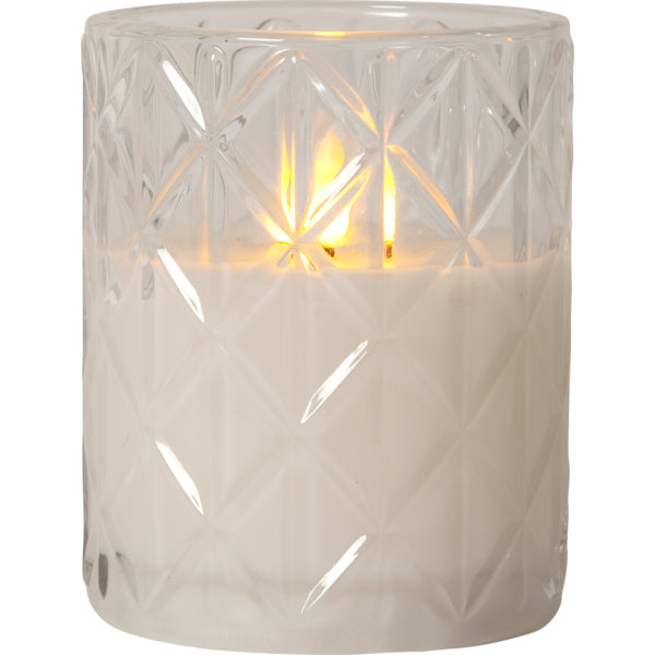 Star Trading LED-Kerze Romb – Ø 10 × 12,5 cm, 0,03 W, Warmweiss, Timer 6/18 h, flackernd, 2×AA, transparent