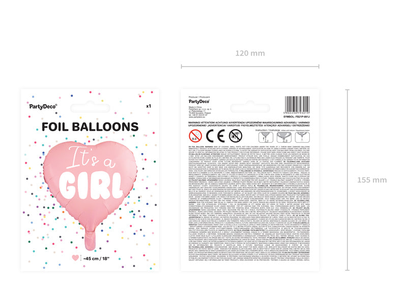 PartyDeco Folienballon Baby (Herz) – Rosa/Weiss – Ø 45 cm – Folie – 1 Stück – mit Helium befüllbar