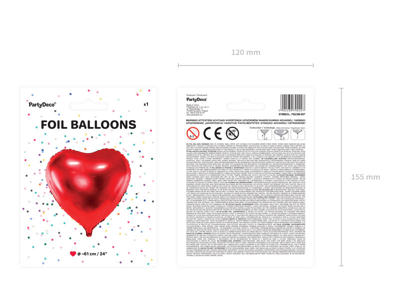 PartyDeco Folienballon Herz – Rot – Ø 61 cm – Folie – 1 Stk