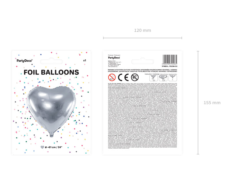 PartyDeco Folienballon Herz – Silber – Ø 61 cm – Folie – 1 Stück – mit Helium befüllbar