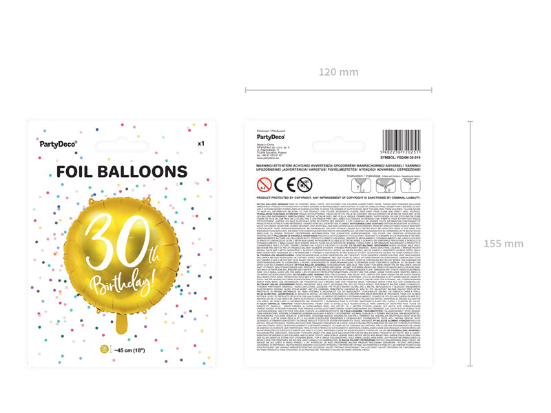 PartyDeco Folienballon Zahl 30 Geburtstag – Gold/Weiss – Ø 45 cm – Folie – 1 Stück