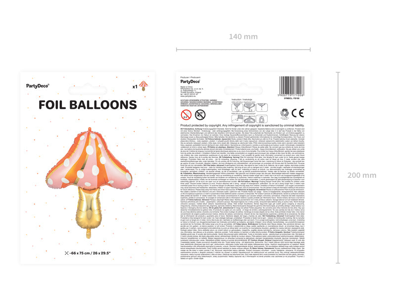 PartyDeco Folienballon Pilz – mehrfarbig – 77 × 95 cm – 1 Stk – mit Helium befüllbar