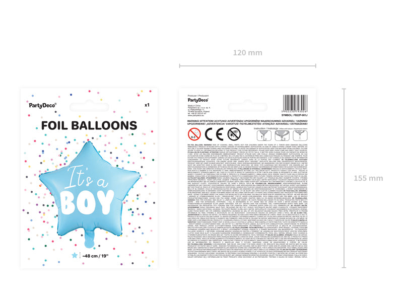 PartyDeco Folienballon Stern It's a boy – blau, weiss – Ø 48 cm – Folie – 1 Stk