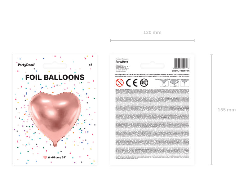 PartyDeco Folienballon – Herz – Ø 61 cm – Folie, Roségold, 1 Stück