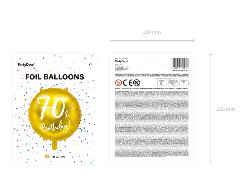 PartyDeco Folienballon Zahl 70 Geburtstag – Gold, Weiss – Ø 45 cm – Folie – 1 Stück