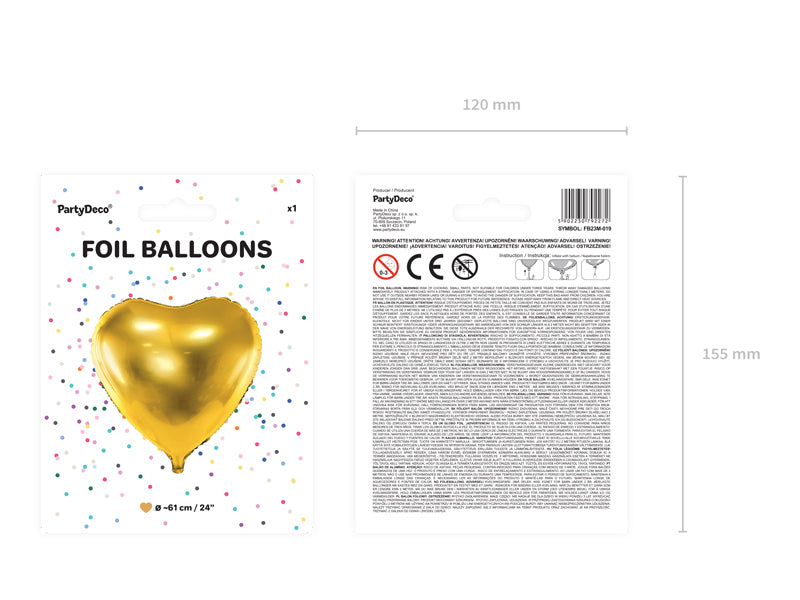 PartyDeco Folienballon Herz – Gold – Ø 61 cm – Folie – 1 Stk – mit Helium befüllbar