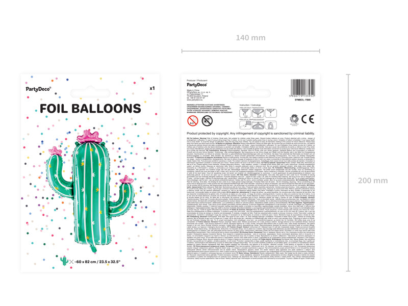 PartyDeco Folienballon Kaktus – Grün – 60 × 82 cm – 1 Stk