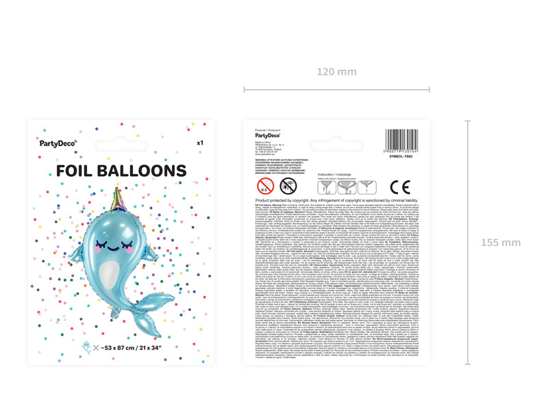 PartyDeco Folienballon Wal – Blau – 53 × 87 cm – 1 Stk