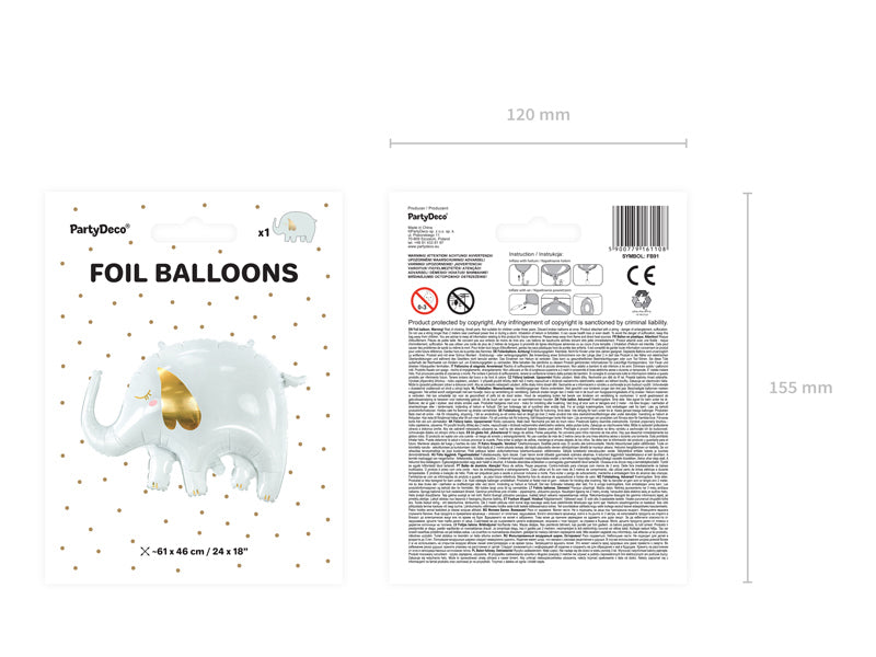 PartyDeco Folienballon Elefant – Weiss – 83 × 58 cm – 1 Stk
