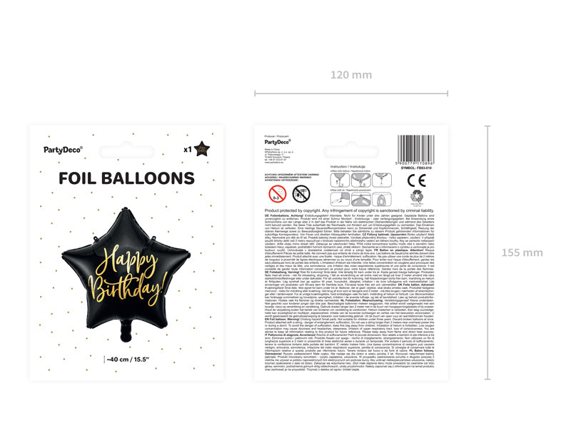PartyDeco Folienballon Stern – schwarz/gold – Ø 40 cm – Folie – 1 Stk – Auch mit Helium befüllbar
