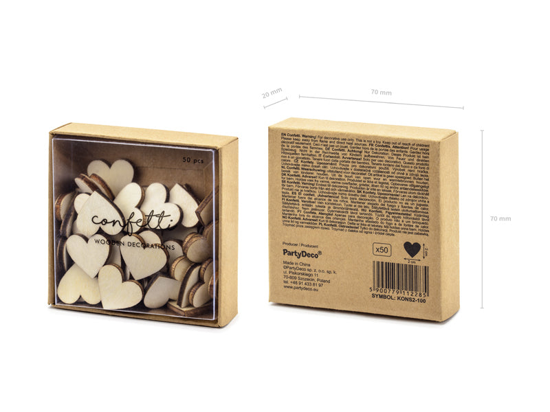 PartyDeco Streudeko Herz Hochzeit – Braun – 2 × 2 cm – Holz – 50 Stk