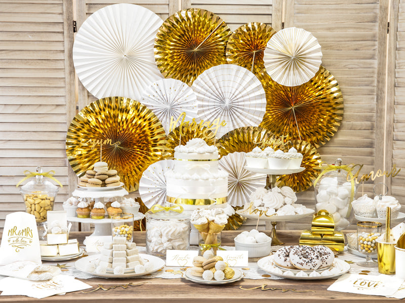 PartyDeco Rosetten – Weiss/Gold – 23, 32, 40 cm – 4 Stk – für Wand