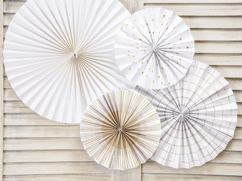 PartyDeco Rosetten – Weiss/Gold – 23, 32, 40 cm – 4 Stk – für Wand