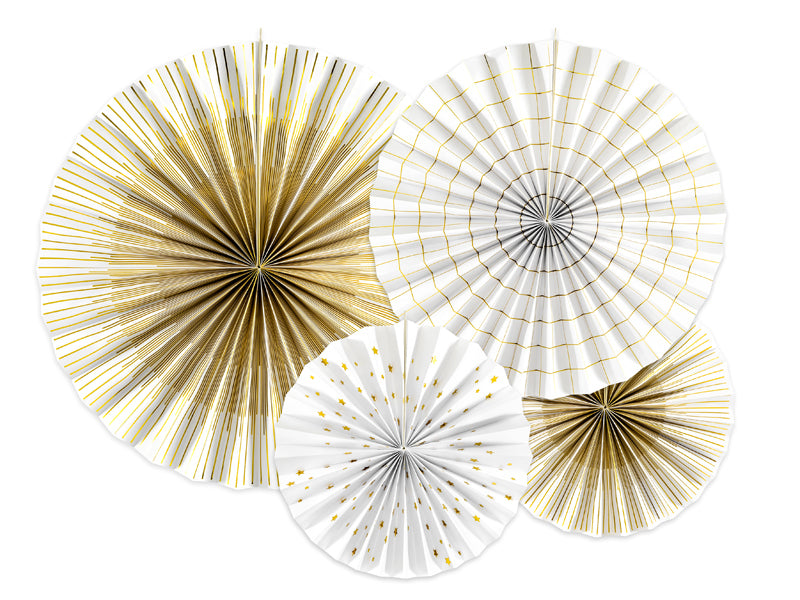 PartyDeco Rosetten – Weiss/Gold – 23, 32, 40 cm – 4 Stk – für Wand