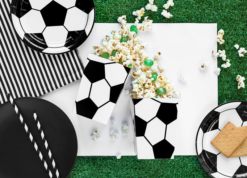 PartyDeco Take-away-Box, Papier – 70 × 70 × 120 mm, Fussball, Schwarz-Weiss – 6 Stk.