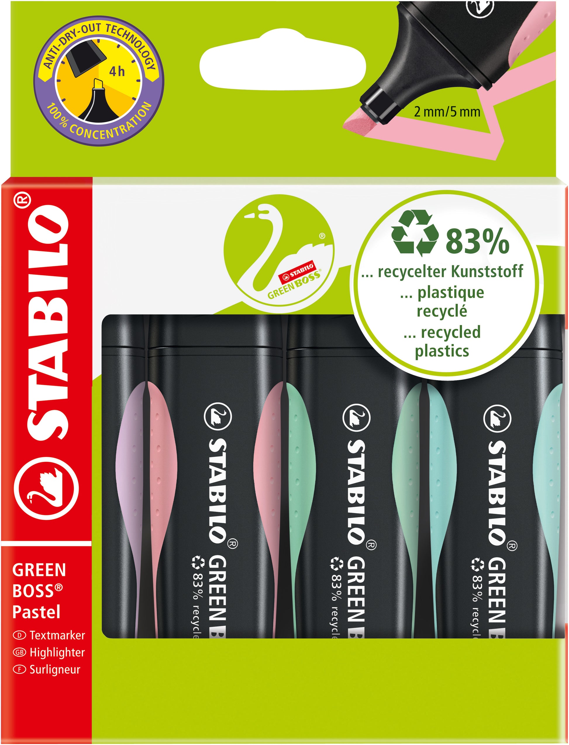 STABILO BOSS Textmarker Set 4 Farben Pastell – Keilspitze, 2–5 mm, nachfüllbar