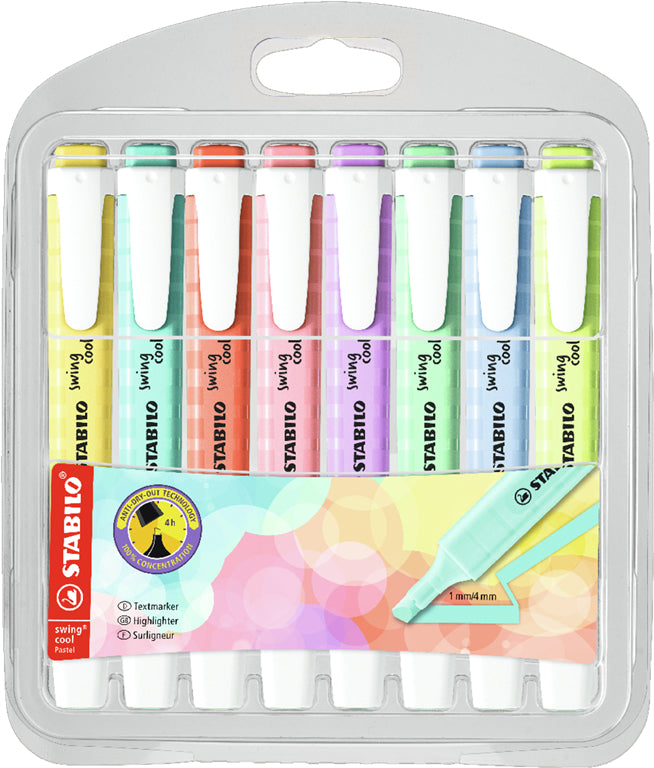 STABILO swing cool Pastel Edition Textmarker Set 8 Farben Pastell – Keilspitze, 1–4 mm