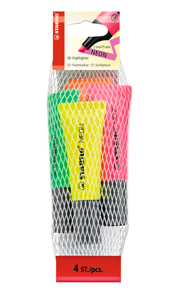 STABILO Textmarker Set 4 Neonfarben – Keilspitze, 2–5 mm