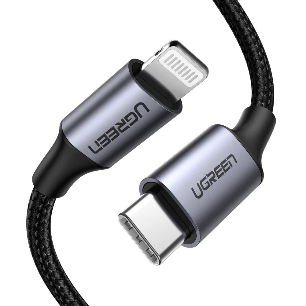 Ugreen USB-C-auf-Lightning-Kabel – USB 2.0 (480 Mbit/s) – 1 m – Nylonmantel – Schwarz/Silber – für iPhone