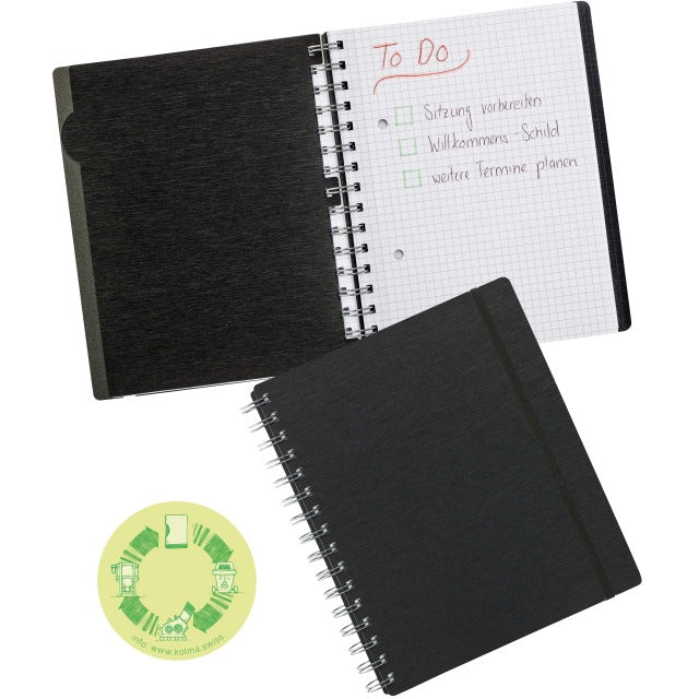 Kolma Notizbuch A5, kariert, Spiralbindung, 200 Seiten, 2-fach gelocht, perforiert, 70 g/m² – schwarz
