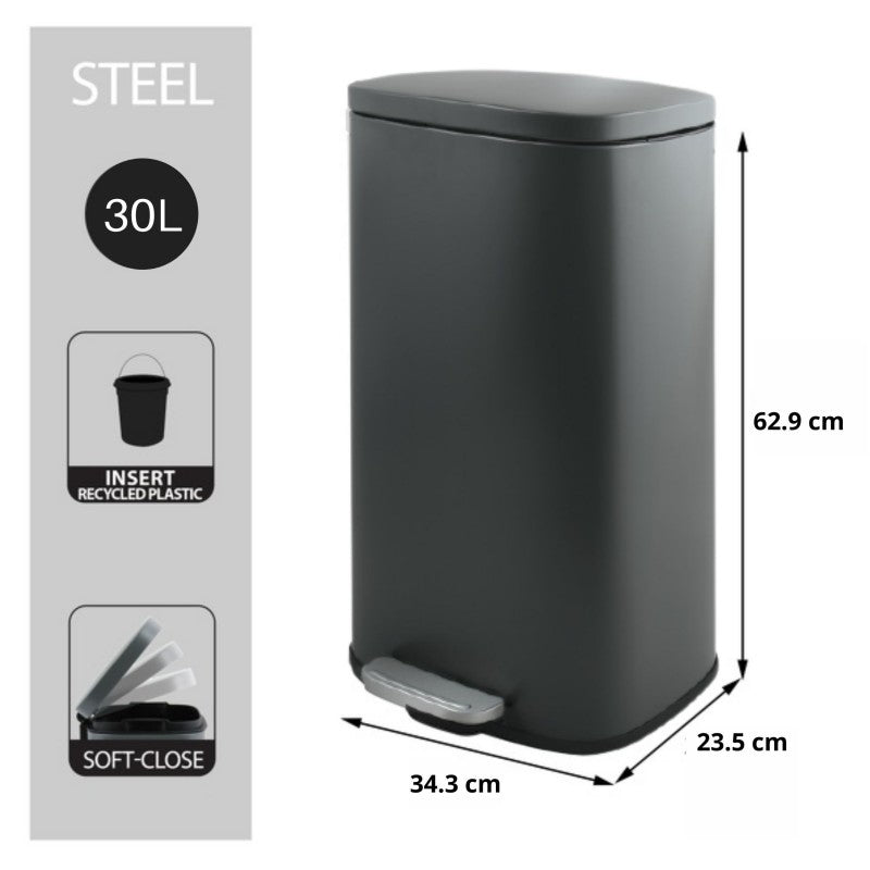 MSV Spirella Treteimer AKIRA – 30 l – Stahl, rechteckig – grau