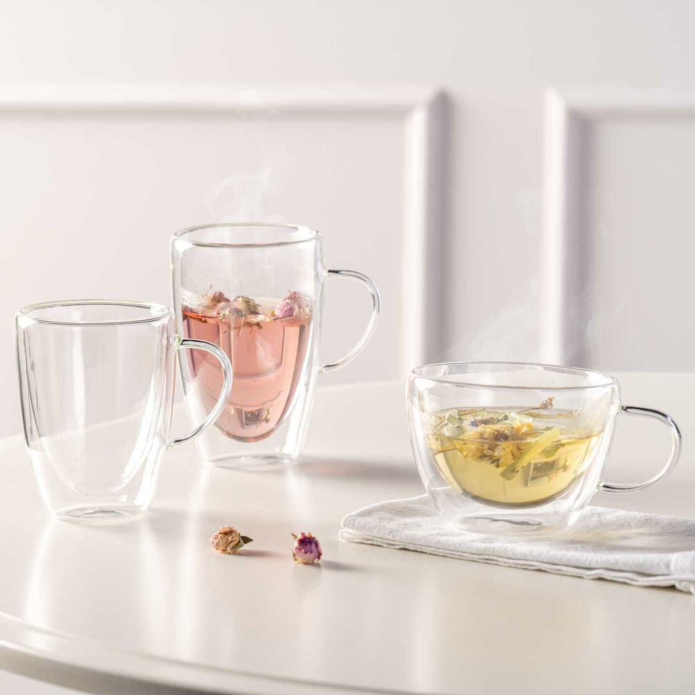 LEONARDO Duo Tasse – 0,40 l, Borosilikatglas, transparent, doppelwandig, Henkel, 4 Stück