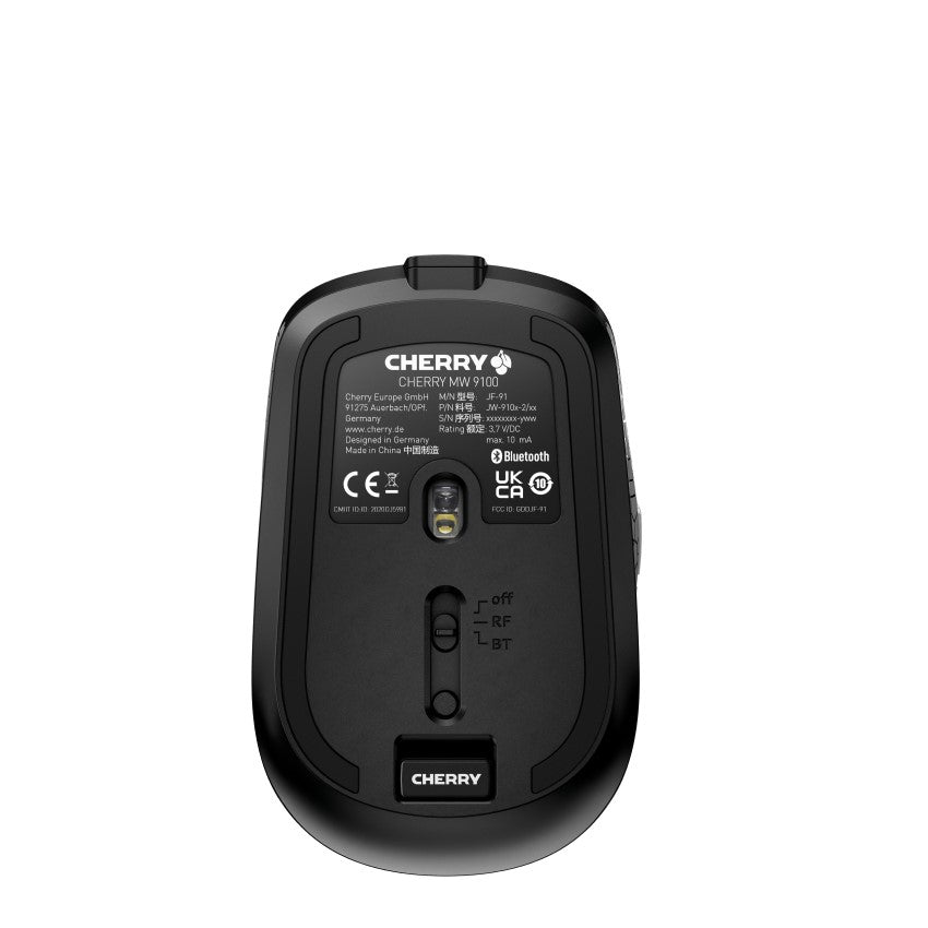 CHERRY MW 9100 Maus – kabellos, Bluetooth + 2,4 GHz, USB-A, 2'400 dpi, 6 Tasten, beidhändig, schwarz