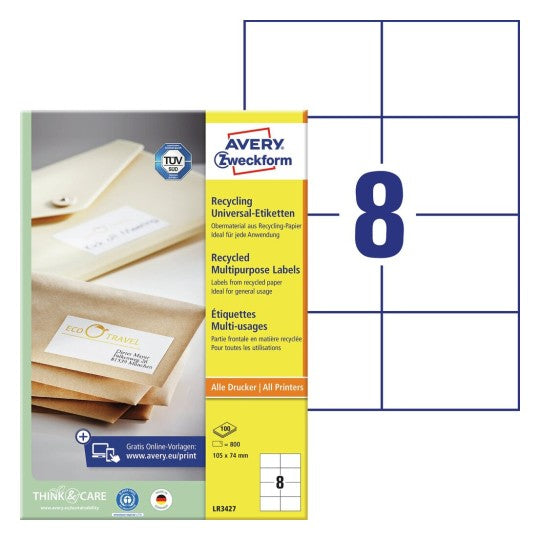 Avery Zweckform – Etiketten A4 105 × 74 mm – Papier, weiss – permanent haftend – 100 Blätter (800 Stk.)