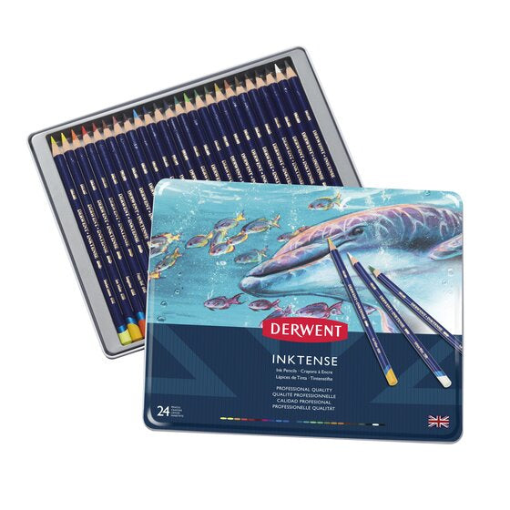 Derwent Aquarellbuntstift Inktense Mehrfarbig 24er-Metalletui – deckend, Ø 8 mm, Strichbreite 4 mm