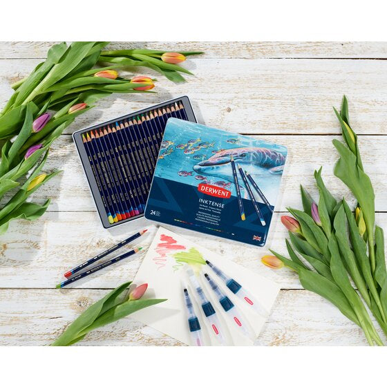 Derwent Aquarellbuntstift Inktense Mehrfarbig 24er-Metalletui – deckend, Ø 8 mm, Strichbreite 4 mm