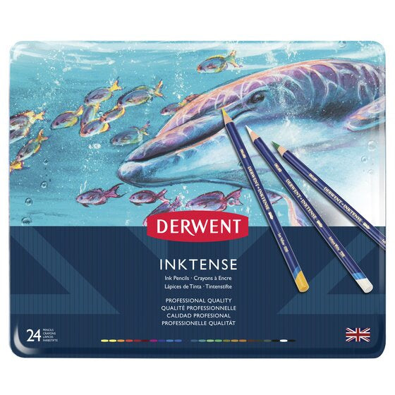 Derwent Aquarellbuntstift Inktense Mehrfarbig 24er-Metalletui – deckend, Ø 8 mm, Strichbreite 4 mm
