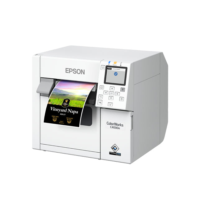 Epson C4000e – Farbetikettendrucker, Tintenstrahl, bis 108 mm, 1200 × 1200 dpi, USB, LAN, Auto-Cutter