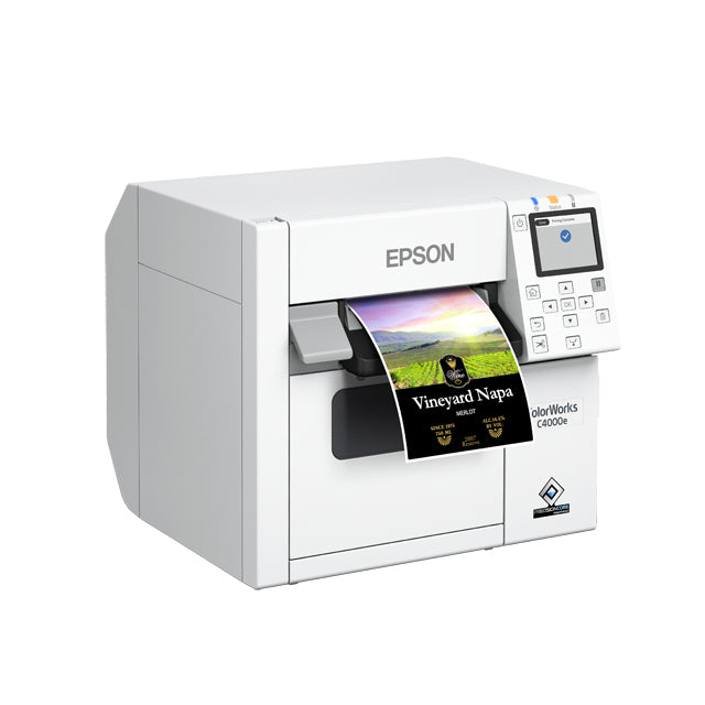 Epson C4000e – Farbetikettendrucker, Tintenstrahl, bis 108 mm, 1200 × 1200 dpi, USB, LAN, Auto-Cutter