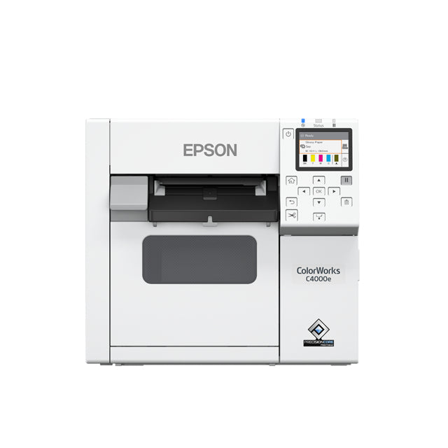 Epson C4000e – Farbetikettendrucker, Tintenstrahl, bis 108 mm, 1200 × 1200 dpi, USB, LAN, Auto-Cutter