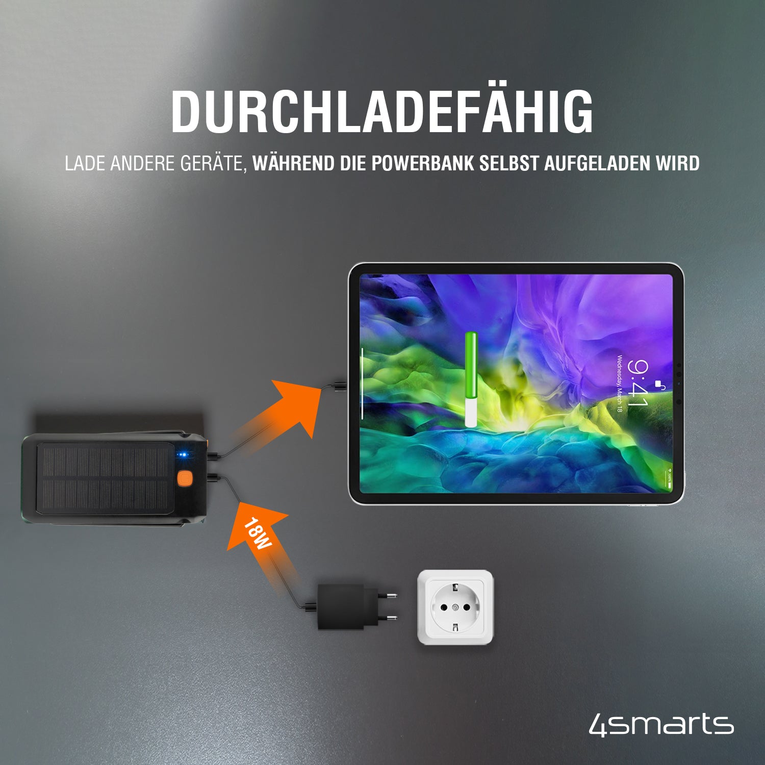 4smarts Powerbank 10000 mAh, PD 18 W, 1× USB-C, Solarpanel, mit Ständer, Schwarz