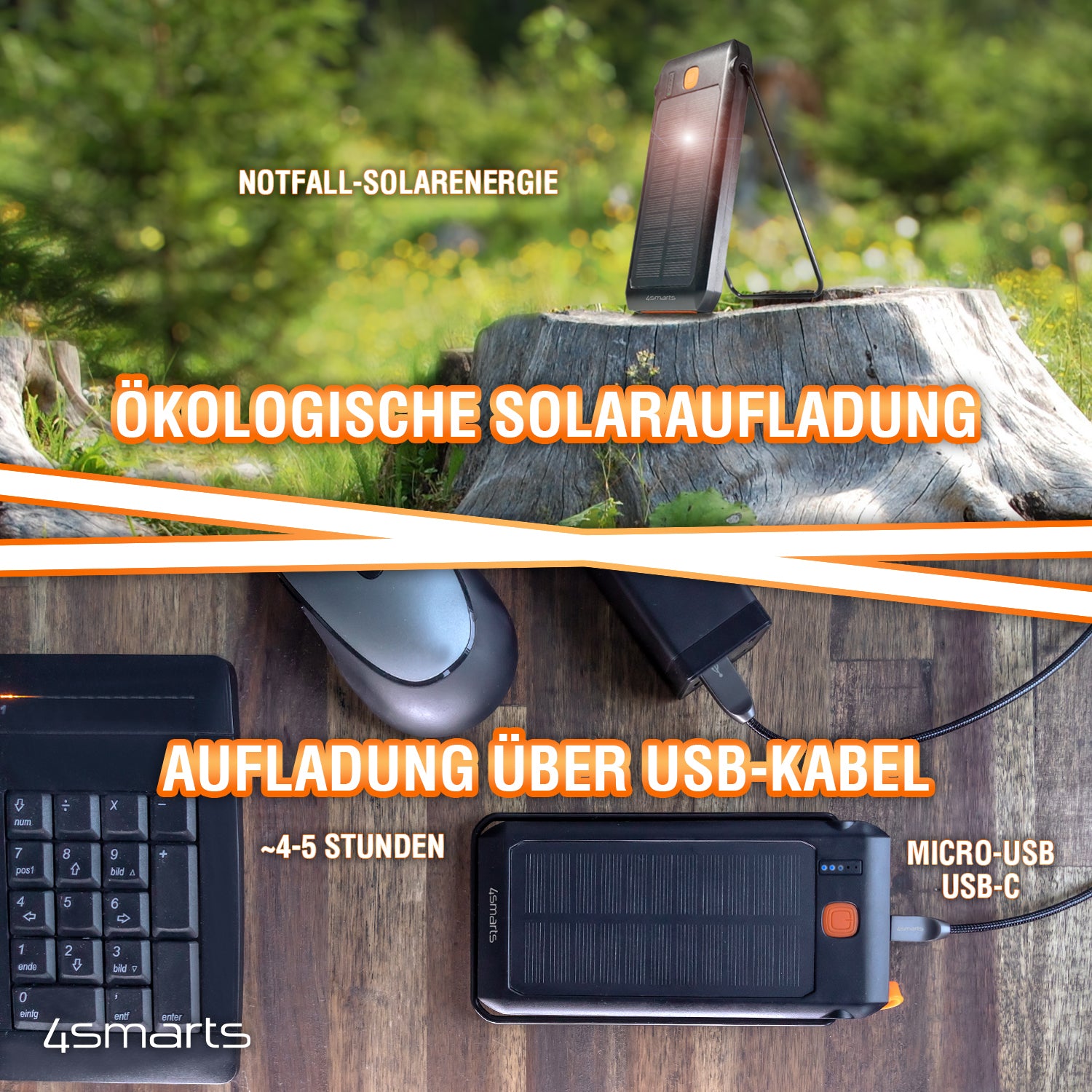 4smarts Powerbank 10000 mAh, PD 18 W, 1× USB-C, Solarpanel, mit Ständer, Schwarz
