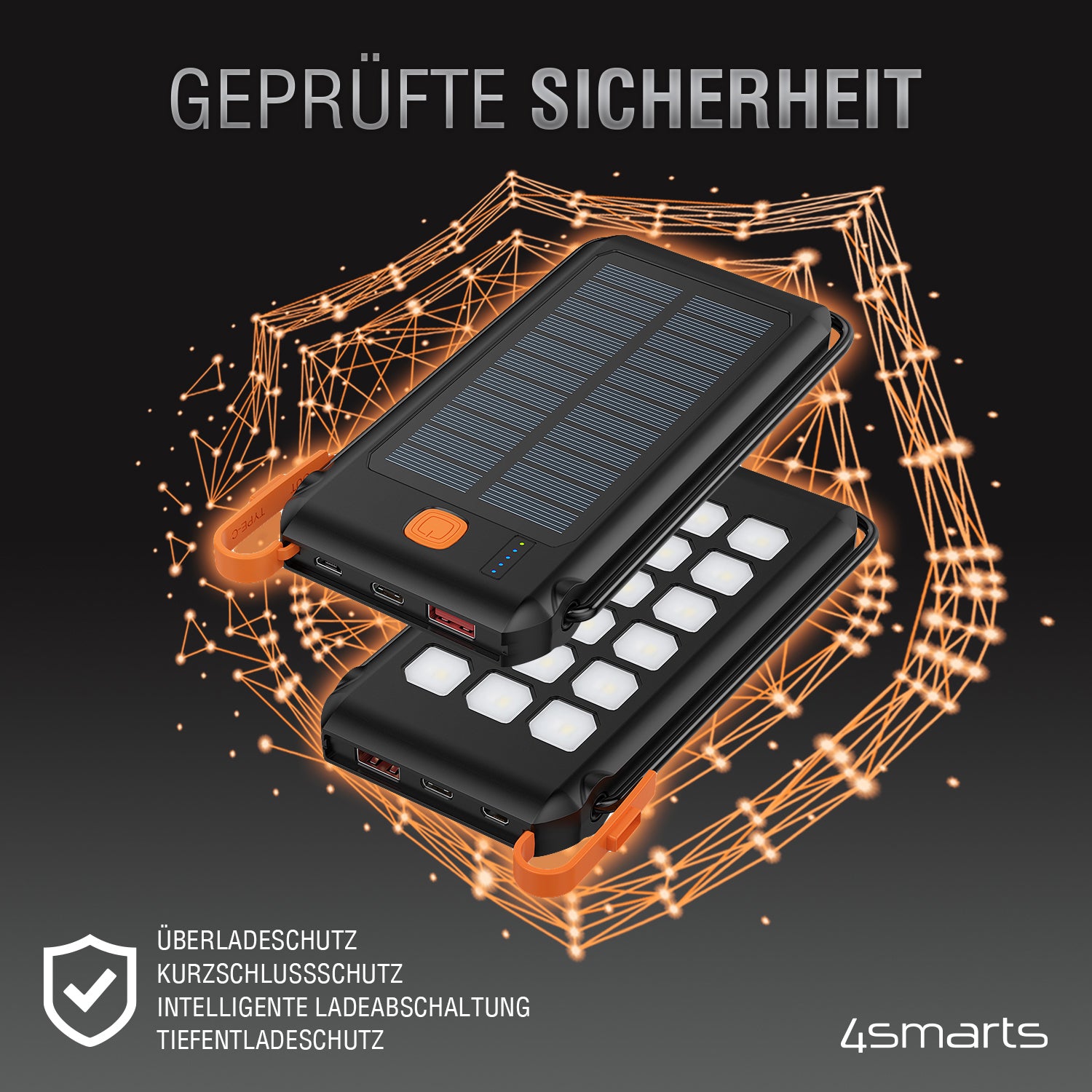 4smarts Powerbank 10000 mAh, PD 18 W, 1× USB-C, Solarpanel, mit Ständer, Schwarz