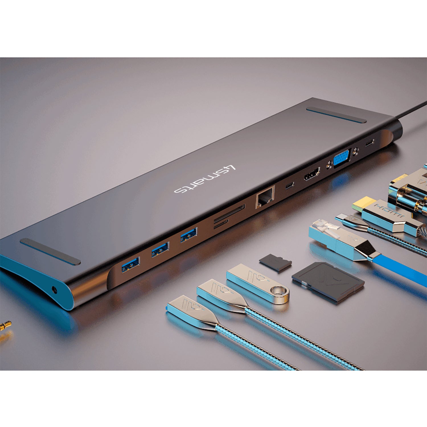 4smarts 11in1 Multiport-Adapter – USB-C, 1× HDMI, 1× VGA, 3× USB-A, 100 W PD, GbE, für USB-C-Geräte