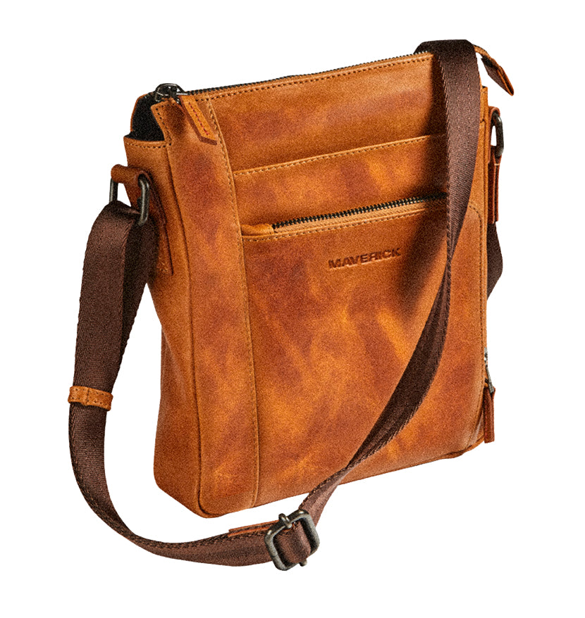 Maverick Umhängetasche – Leder, Cognac, 21 × 25 × 5,5 cm