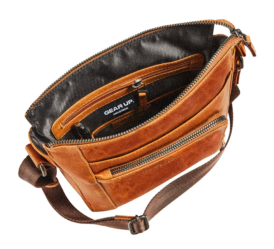 Maverick Umhängetasche – Leder, Cognac, 21 × 25 × 5,5 cm