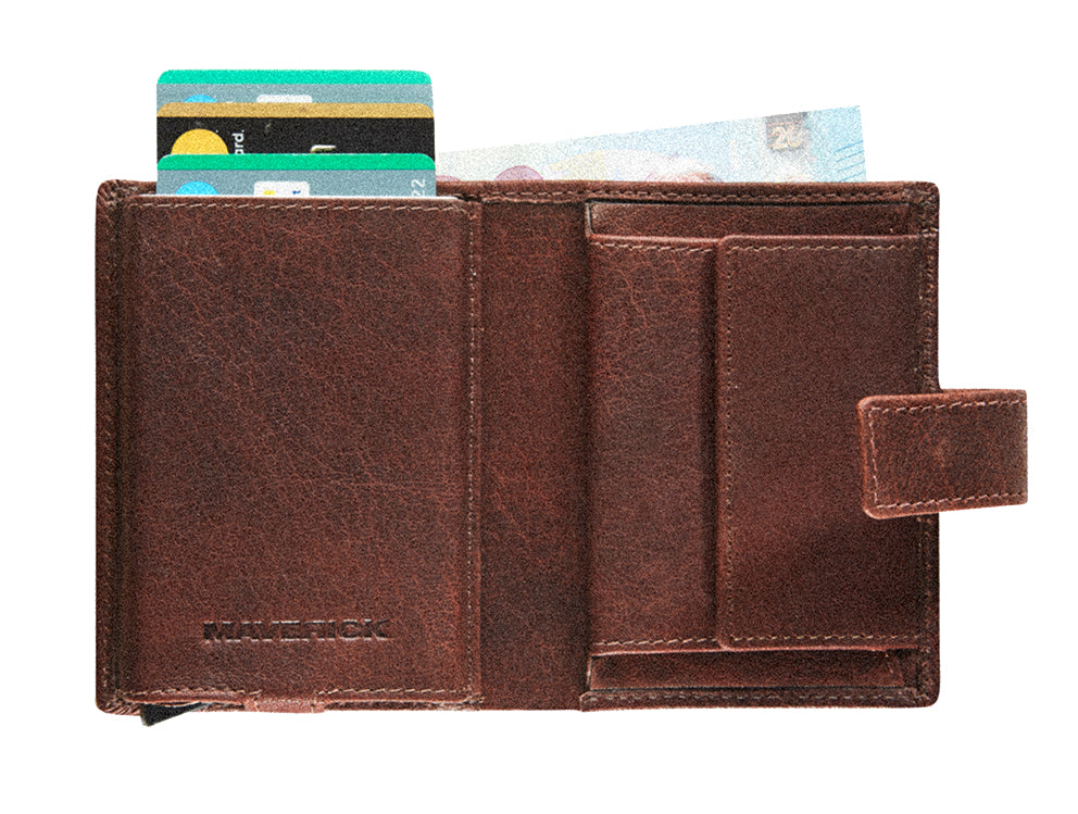 Maverick Kartenetui – RFID-Schutz, 7 Kartenfächer, Münzfach – 8,5 × 10 cm – Braun – Leder – 1 Stück