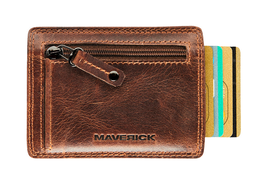 Maverick Kartenetui – RFID-Schutz, Reissverschluss – 7,5×10,4 cm – Braun – Leder – 1 Stk.